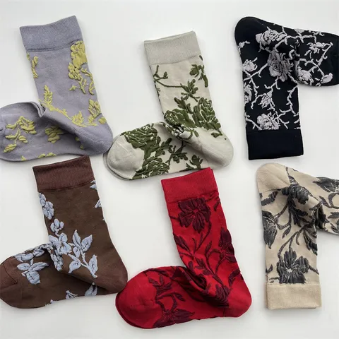 Calcetines Medios Retro Botánico Floral Relieve Mujer Estilo Japonés Calcetines de Algodón Transpirable