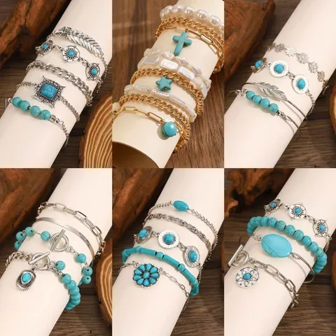 Pulsera Multicapa Bohemia Étnica de Aleación Con Strass Colgante Geométrico Estrella Cruz Pulseras de Cadena Joyería Unisex