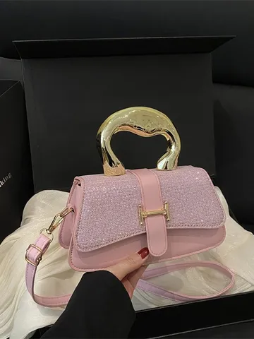 Women Trendy PU Leather Crossbody Shoulder Bag Elegant Stitching Flap Small Square Bag Metal Handle Top Handle Satchel Bag