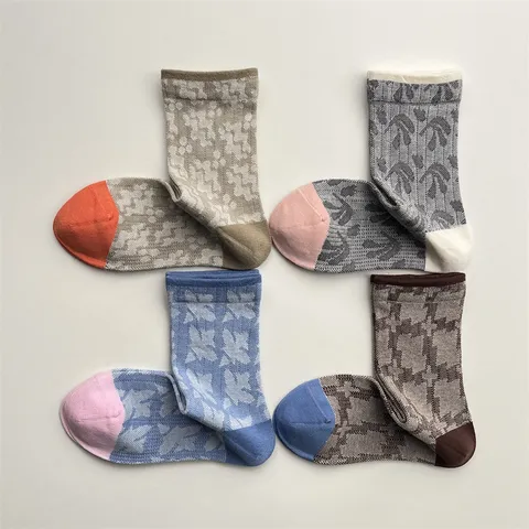 Calcetines de Media Caña con Patrón Geométrico de Color Contraste Retro Japonés para Mujer Calcetines Casuales de Mezcla de Algodón Transpirables Cómodos de Moda