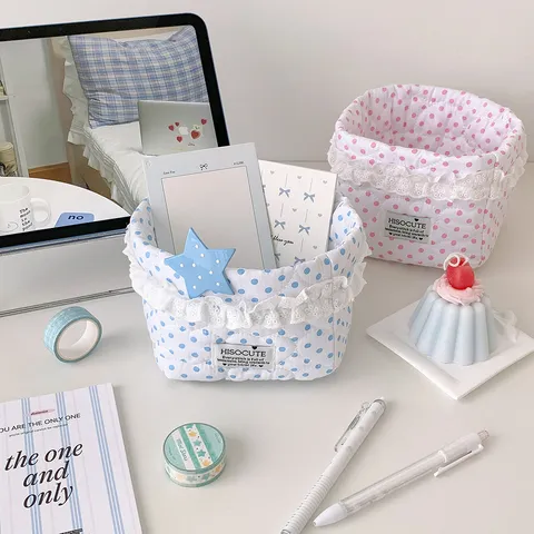Panier de Rangement en Tissu Dentelle Pois Style Coréen Mignon Boîte de Rangement Cosmétiques Bureau Organisateur Papeterie Étudiant