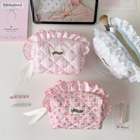 Trousse de Maquillage Matelassée Style Ins Joli Nœud Volant Pochette de Maquillage Grande Capacité Sac de Rangement de Voyage Portable Femme