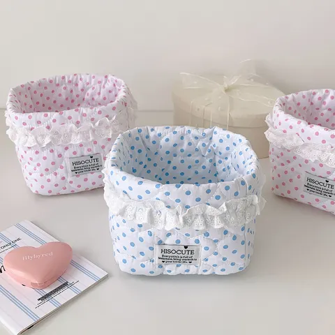 Panier de Rangement en Tissu Dentelle Pois Style Coréen Mignon Boîte de Rangement Cosmétiques Bureau Organisateur Papeterie Étudiant