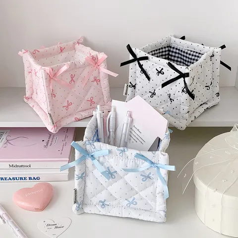 Schattige Polka Dot Strik Stoffen Opbergmand Bureau Cosmetica Organizer Opbergbak Voor Thuis Kantoor Kaptafel