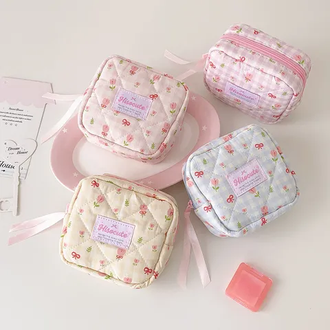 Sac à Cosmétiques Tulipe à Carreaux Style Coréen Nœud Ruban Matelassé Pochette de Rangement Carrée Organisateur de Maquillage