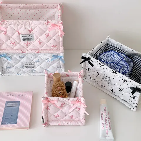Schattige Polka Dot Strik Stoffen Opbergmand Bureau Cosmetica Organizer Opbergbak Voor Thuis Kantoor Kaptafel