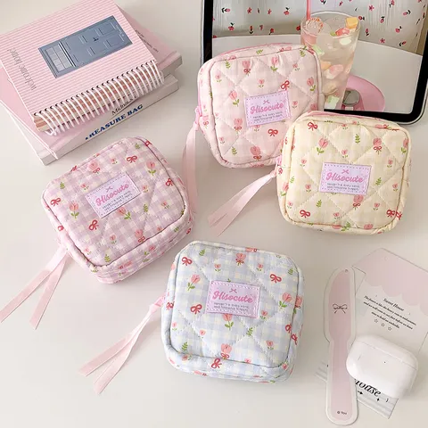 Sac à Cosmétiques Tulipe à Carreaux Style Coréen Nœud Ruban Matelassé Pochette de Rangement Carrée Organisateur de Maquillage