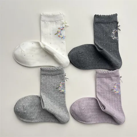 Calze al Polpaccio in Cotone con Fiocco Carino Dolce da Donna Autunno Inverno Minimalista Floreale Senza Cuciture Calze Quotidiane