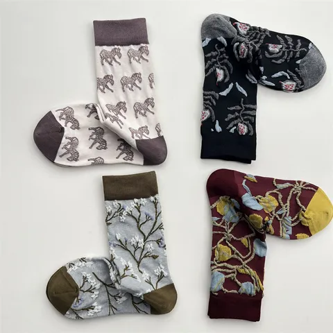 Calcetines de Media Pantorrilla con Bordado Floral Botánico Vintage para Mujer Calcetines de Algodón Dulce Japonés