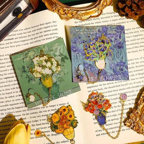 Metall Lesezeichen Van Gogh Ölgemälde Blumen Lesezeichen Mit Kettenanhänger Vintage Seitenclip Schreibwaren Geschenk