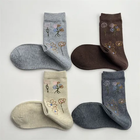 Calcetines de Media Pantorrilla de Lana Mezcla Bordados Florales Vintage de Otoño e Invierno para Mujer Calcetines Retro Suaves