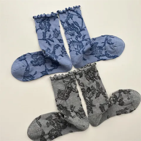 Calcetines de Media Pantorrilla Florales Estampados Volantes Retro Japoneses Mujer Mezcla de Algodón Vintage Invierno