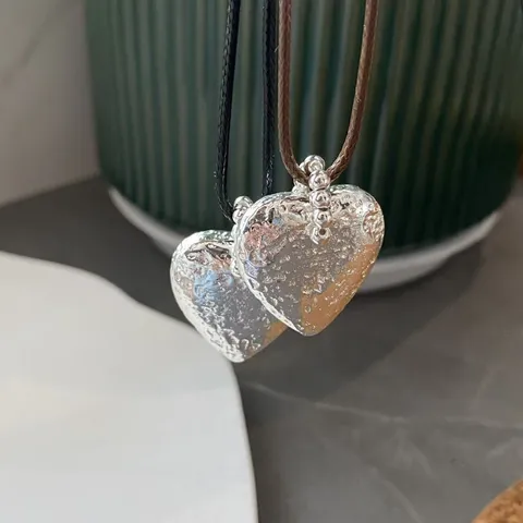 Ins Style Hammered Solid Heart Alloy Pendant Necklace For Women Beaded Chain Leather Cord Sweater Long Necklace Fashion Gift Jewelry