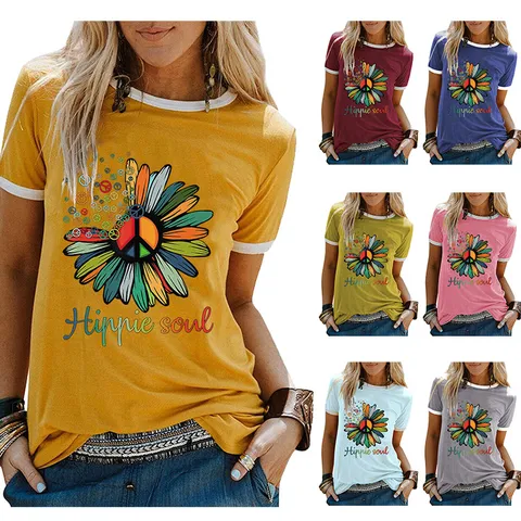 Maglietta da Donna Retro Hippie Soul con Stampa Girasole e Bordo a Contrasto Girocollo Manica Corta in Cotone Vestibilità Comoda