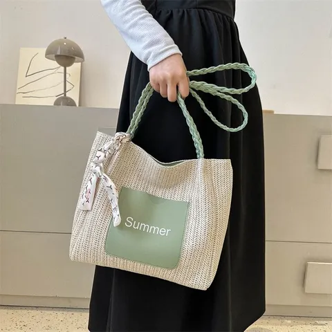 Fashion Straw Woven Tote Bag Large Capacity Casual Shoulder Handbag Patchwork PU Leather Pocket Beach Bag with Scarf Decor