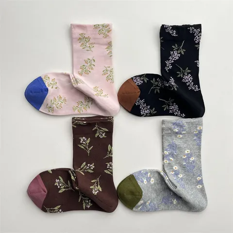 Mujeres Retro Botánico Floral Caletines Media Pantorrilla Color Contraste Casual Mezcla Algodón Calcetines Invierno Cálido