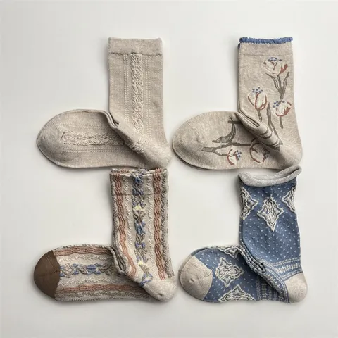 Calcetines Medios de Punto con Diseño Floral y Diamante Estilo Campestre Vintage para Mujer Borde Enrollado Algodón