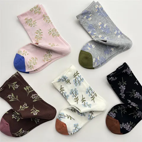 Mujeres Retro Botánico Floral Caletines Media Pantorrilla Color Contraste Casual Mezcla Algodón Calcetines Invierno Cálido