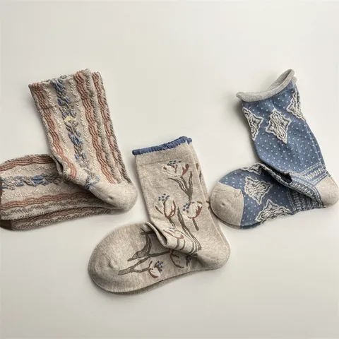 Calcetines Medios de Punto con Diseño Floral y Diamante Estilo Campestre Vintage para Mujer Borde Enrollado Algodón