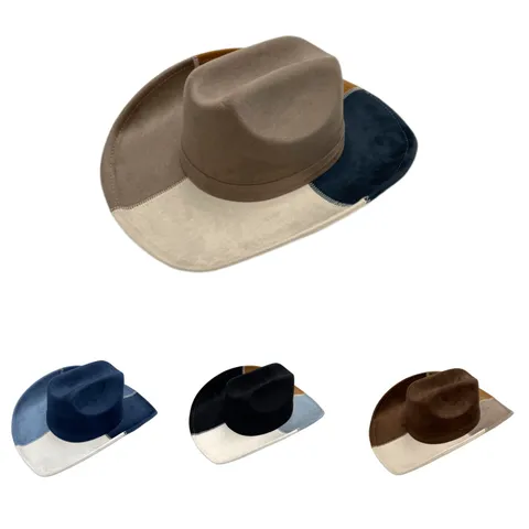 Western Cowboy Color Blocking Acrylic Blend Faux Suede Wide Brim Fedora Hat Retro Sun Protection Commuting Shading Top Hat Unisex