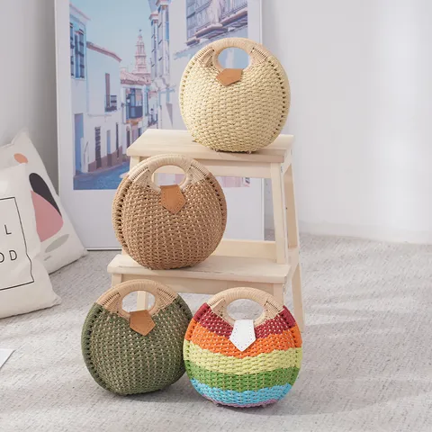 Sac à Main en Paille Tissée pour Femmes Rond Mode Sac de Plage Été Poignée Ronde Sac Fourre-tout en Paille Tissée Décontracté Quotidien Femme