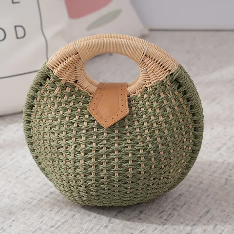 Sac à Main en Paille Tissée pour Femmes Rond Mode Sac de Plage Été Poignée Ronde Sac Fourre-tout en Paille Tissée Décontracté Quotidien Femme