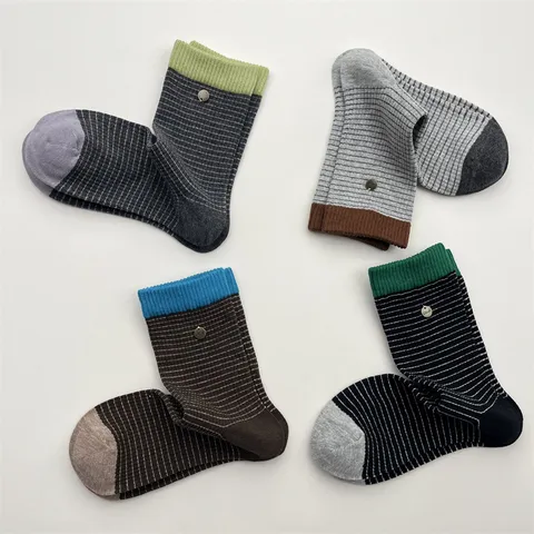 Calcetines de Media Caña a Rayas con Bloque de Color Estilo Coreano para Mujer Otoño Invierno de Algodón con Hebilla de Metal