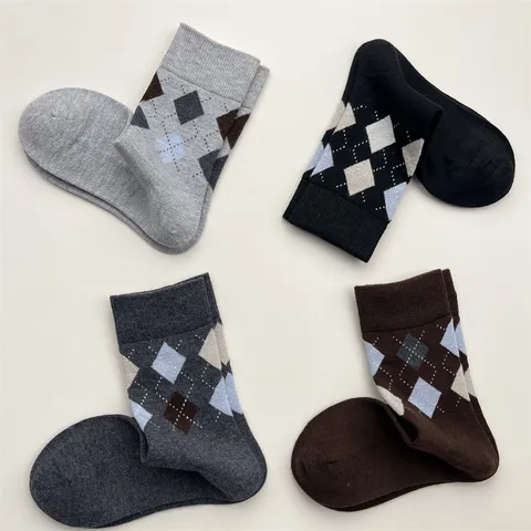 Estilo Británico Estampado Rombos Mezcla de Lana Calcetines Medios Otoño Invierno Gruesos Cálidos Para Mujer