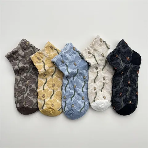 Calcetines Cortos Florales Vintage para Mujer Mezcla de Algodón Botánicos con Relieve 3D Casual Transpirables