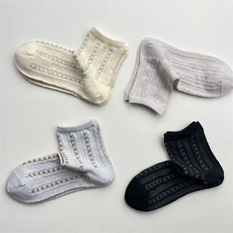 Womens Japanese Vintage Cooling Viscose Short Socks Breathable Mesh Striped Ankle Socks Spring Summer Casual Socks