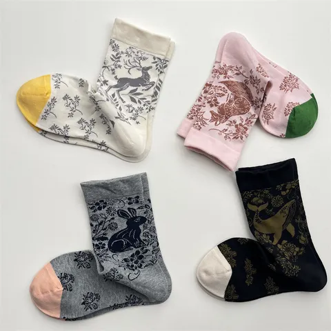 Calcetines De Caña Media Mujer Patrón Animal Plantas Retro Mezcla De Algodón Cómodos Transpirables