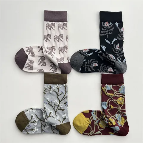 Calcetines de Media Pantorrilla con Bordado Floral Botánico Vintage para Mujer Calcetines de Algodón Dulce Japonés