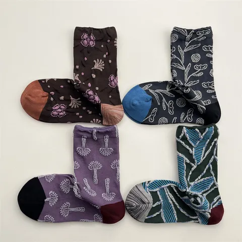 Calcetines de Tubo Retro Botánicos Florales y Geométricos con Relieve para Mujer Otoño Invierno Mezcla de Algodón Cómodo Casual