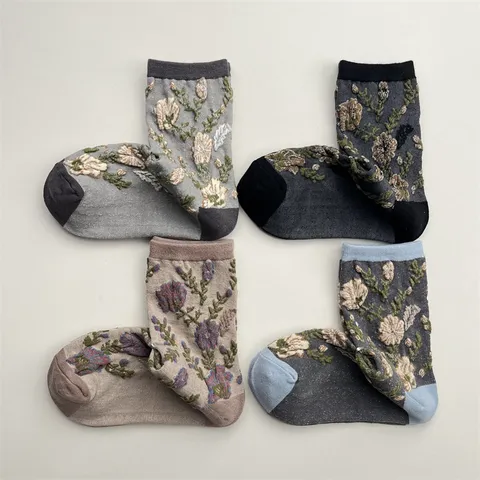 Calcetines de Media Pantorrilla Vintage Colorblock con Bordado Floral 3D para Mujer Otoño Invierno Algodón Transpirable Casual