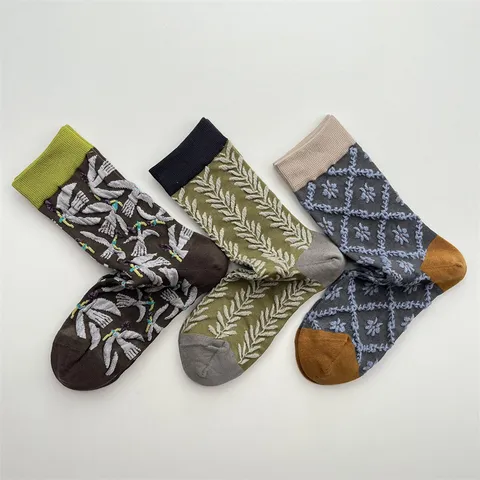 Calcetines de Media Caña Estilo Vintage Japonés para Mujer Mezcla de Algodón Bloque de Color Espiga Pájaro Patrón Floral