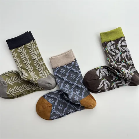 Calcetines de Media Caña Estilo Vintage Japonés para Mujer Mezcla de Algodón Bloque de Color Espiga Pájaro Patrón Floral