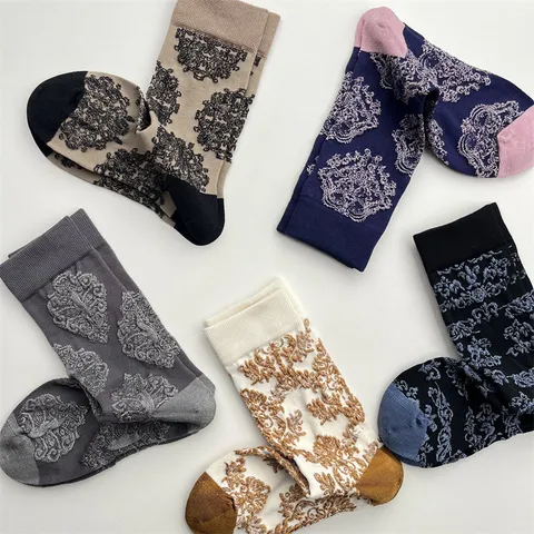 Calcetines de Media Pantorrilla Vintage Retro con Relieve Floral de Plantas para Mujer Mezcla de Algodón Cómodos y Transpirables