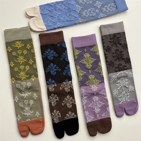 Calcetines de Dedo Separado Estilo Japonés Retro Bloque de Color Floral Relieve Mezcla de Algodón Media Pantorrilla