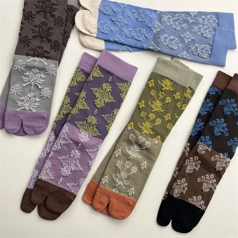 Calcetines de Dedo Separado Estilo Japonés Retro Bloque de Color Floral Relieve Mezcla de Algodón Media Pantorrilla
