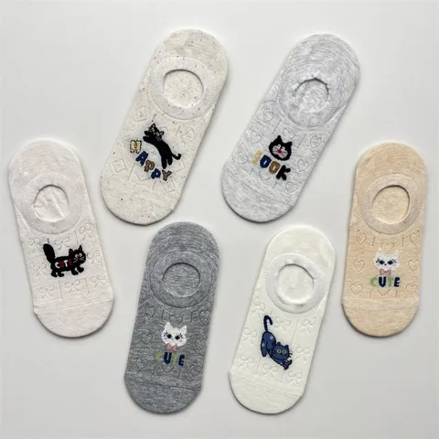 Chaussettes Bateau Invisibles Mignonnes Chat de Dessin Animé Respirant Mesh Coupe Basse Printemps Été Chaussettes en Coton Décontractées