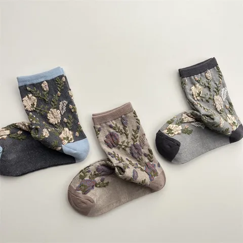 Calcetines de Media Pantorrilla Vintage Colorblock con Bordado Floral 3D para Mujer Otoño Invierno Algodón Transpirable Casual