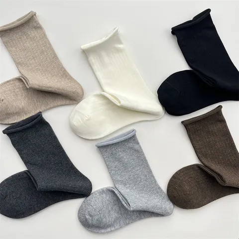 Calcetines Slouch de Color Sólido con Dobladillo Enrollado para Mujer Calcetines de Media Caña Transpirables de Algodón Minimalistas