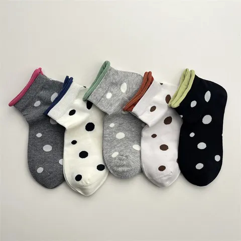 Calcetines Cortos Linda de Lunares para Mujer Estilo Coreano Puño Enrollado en Contraste Calcetines Diarios Casuales de Mezcla de Algodón
