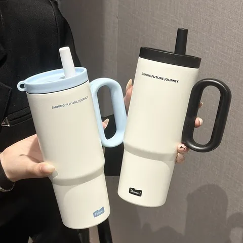 Bicchiere Isolato in Acciaio Inossidabile Con Cannuccia E Manico Grande Capacità Bottiglia d'Acqua Sottovuoto Portatile Per Auto