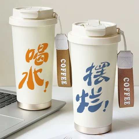 Tazza da Caffè Termica in Acciaio Inossidabile 304 Borraccia da Viaggio Portatile Con Cannuccia e Manico