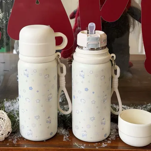 Niedlicher 316 Edelstahl Vakuumbecher Tragbare Schüler Isolierte Trinkflasche Mit Strohhalmdeckel Cartoon Reisebecher