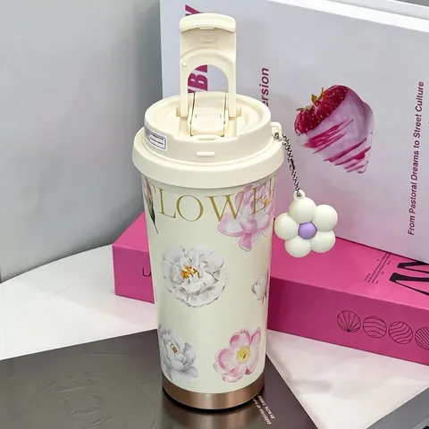 Bicchiere Termico In Acciaio Inossidabile Con Cannuccia Fantasia Floreale Di Camelia Tazza Da Viaggio Portatile Per Caffè