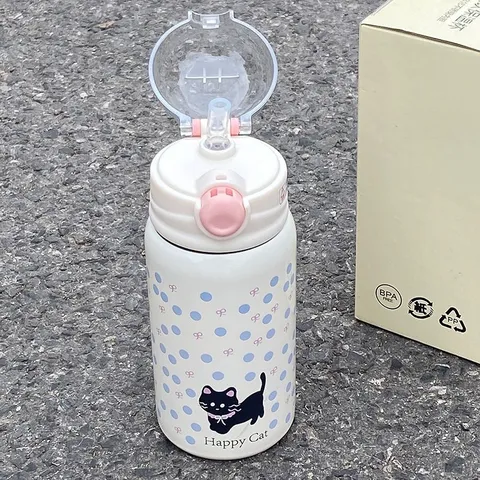 Stainless Steel Vacuum Insulated Water Bottle Cute Cat Pattern Portable Travel Tumbler With Straw And Lid