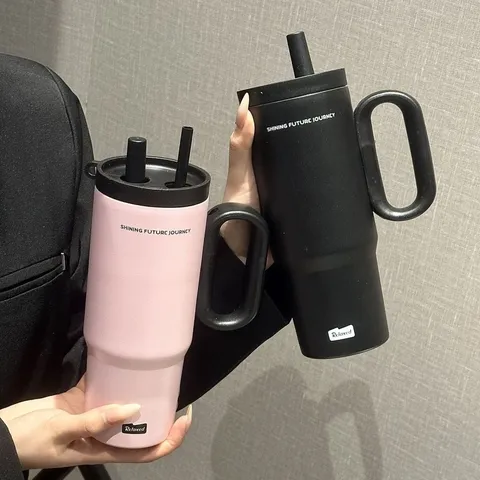 Bicchiere Isolato in Acciaio Inossidabile Con Cannuccia E Manico Grande Capacità Bottiglia d'Acqua Sottovuoto Portatile Per Auto