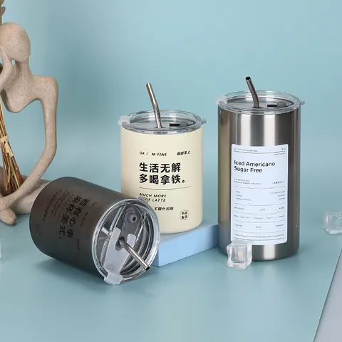Tazza da Caffè Iced Americano in Acciaio Inossidabile 304 Bicchiere Isolato a Doppia Parete Sottovuoto Con Cannuccia